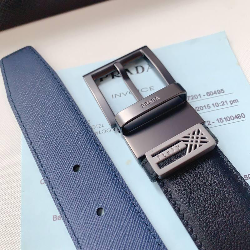 Prada Leather Reversible Belt With Triple Buckles 'Black/Blue' Banlieue91