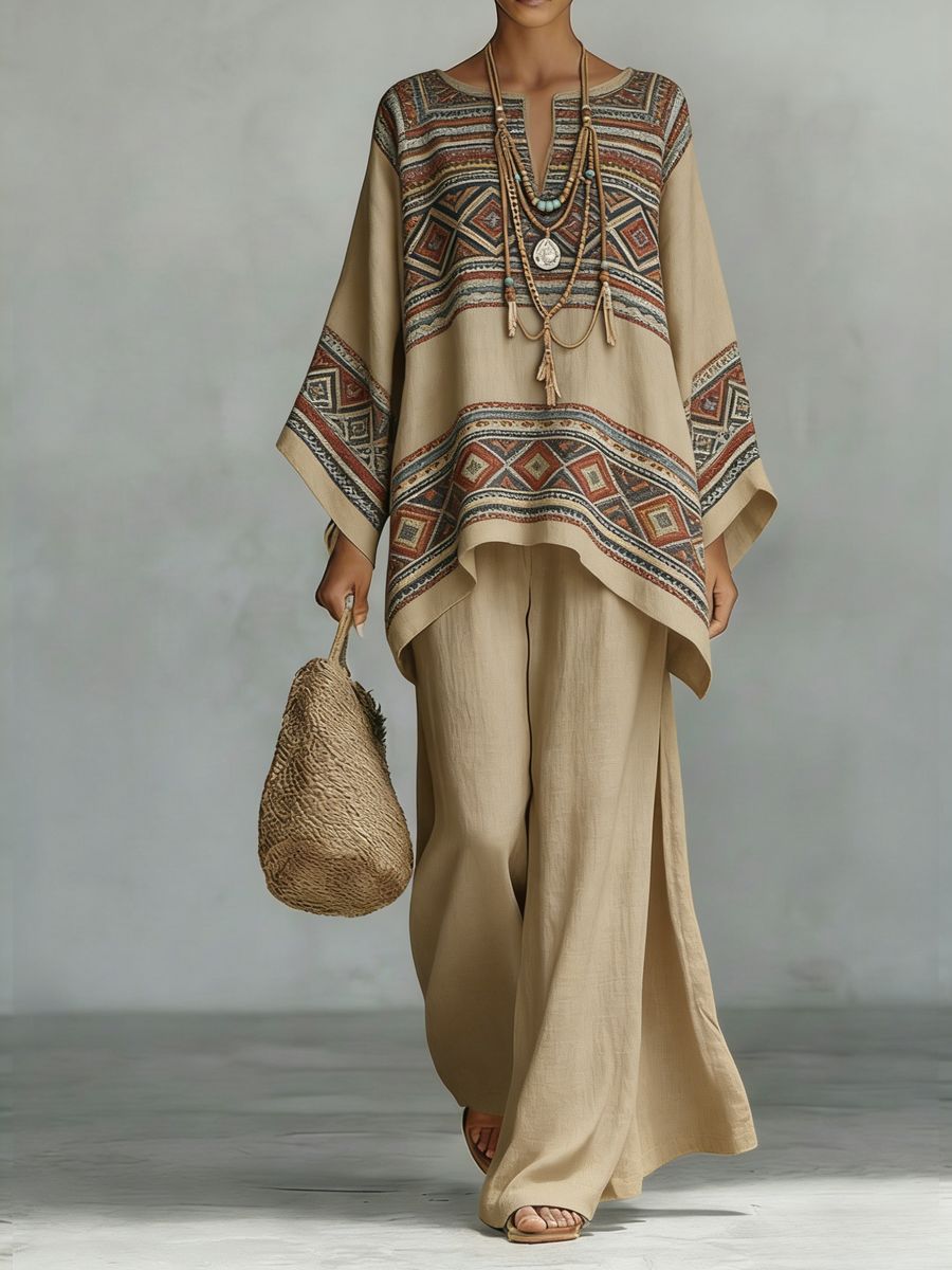 Floral Print Bamboo Linen Two-Piece Set | Wide-Leg Pants FitiqueFit
