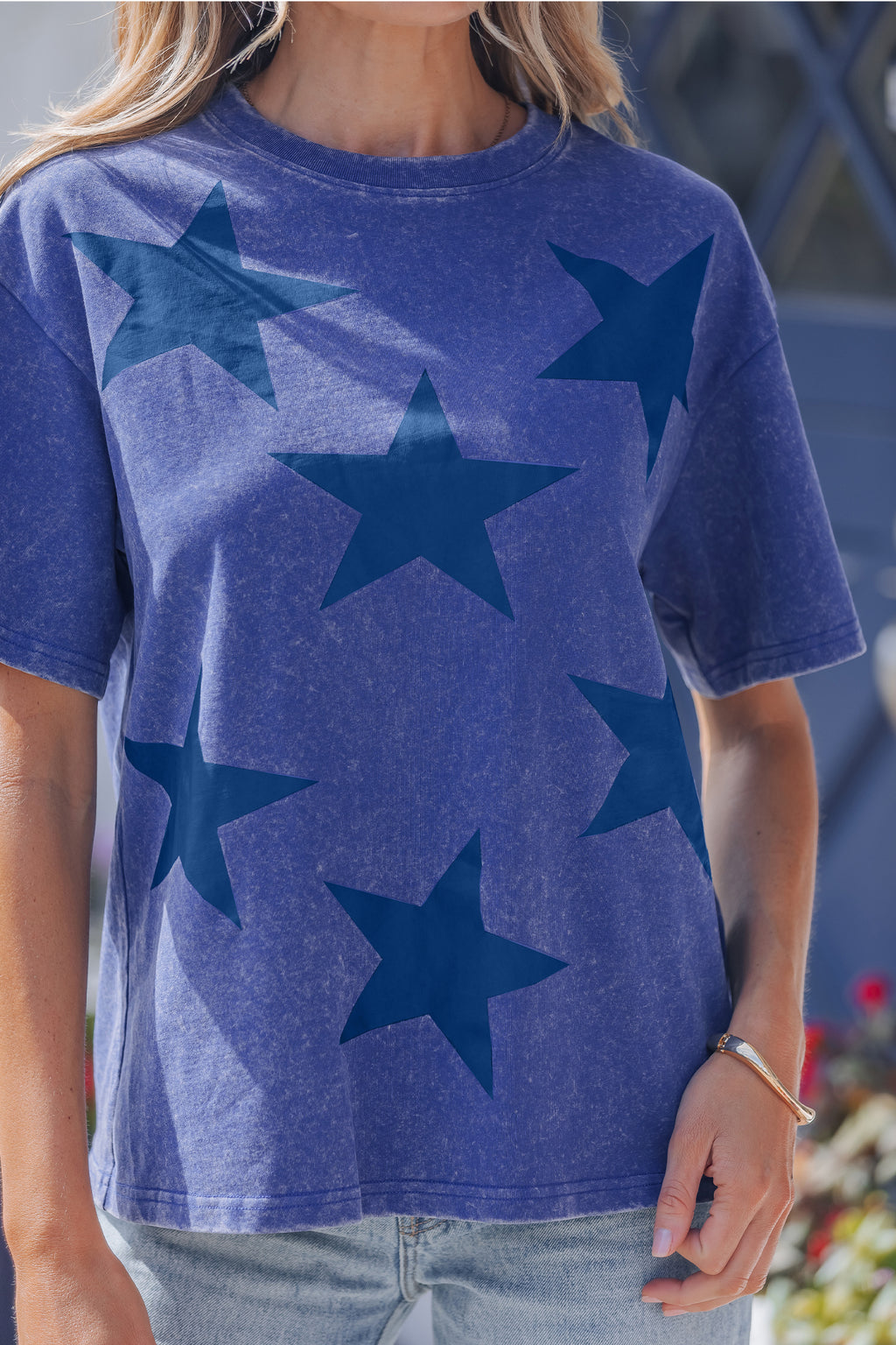 Red Independence Day Star Printed Mineral Wash T Shirt
