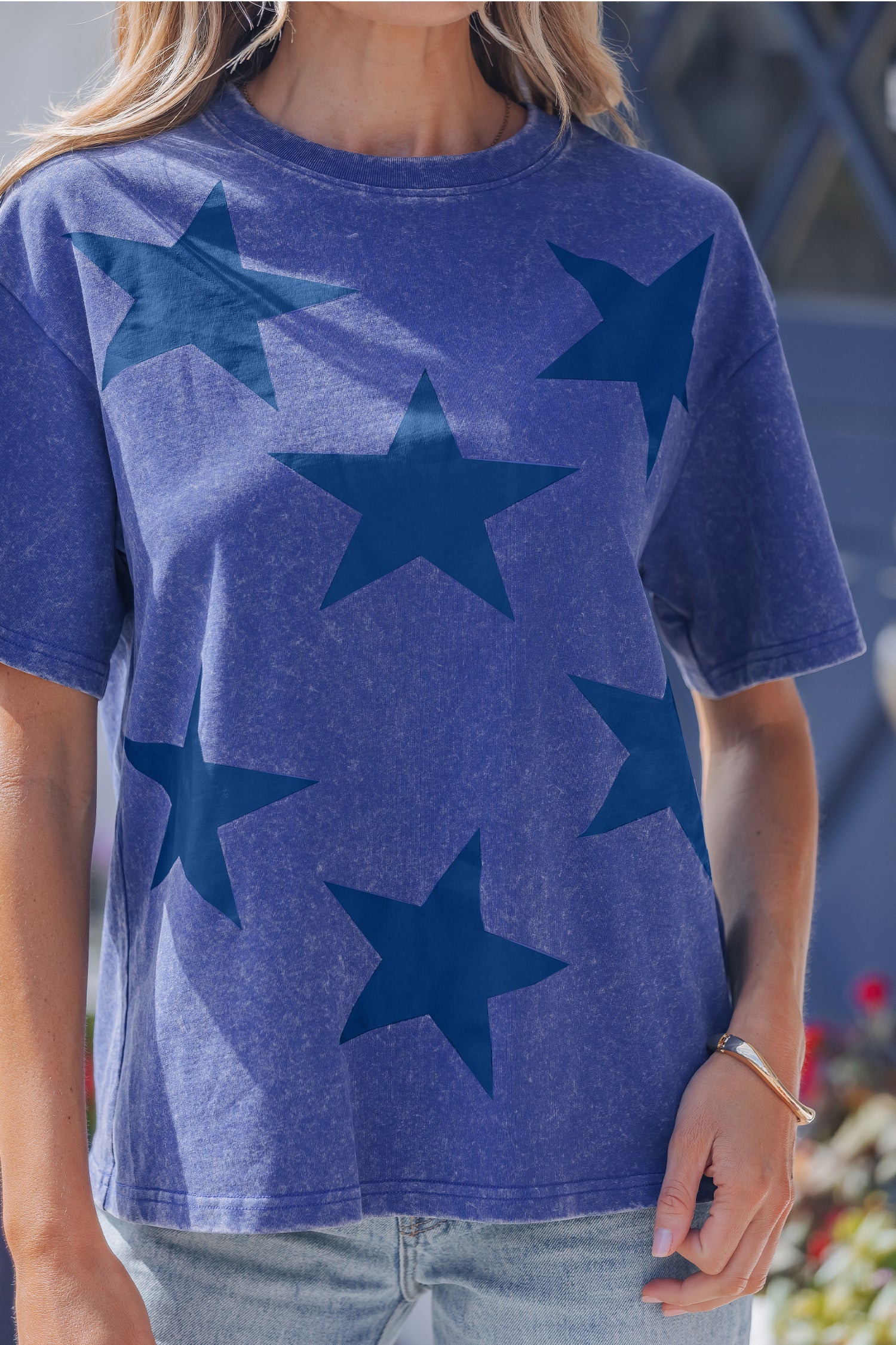 Red Independence Day Star Printed Mineral Wash T Shirt