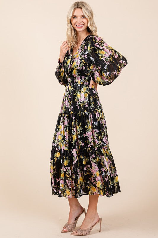 Flower Print Satin Lurex Stripe Smocked Midi Dress For Summer – Elegant and Sparkling Floral Dress with Tiered Design