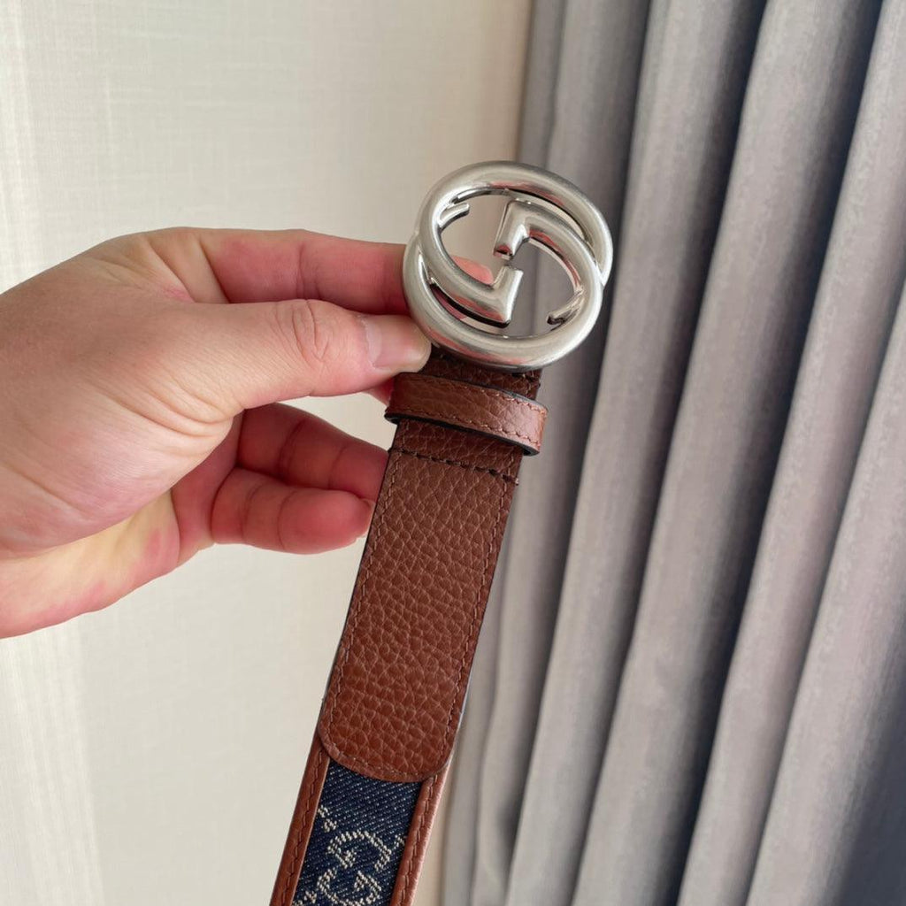 GUCCI Embellished coated-canvas and leather belt 'Brown/Blue' Banlieue91