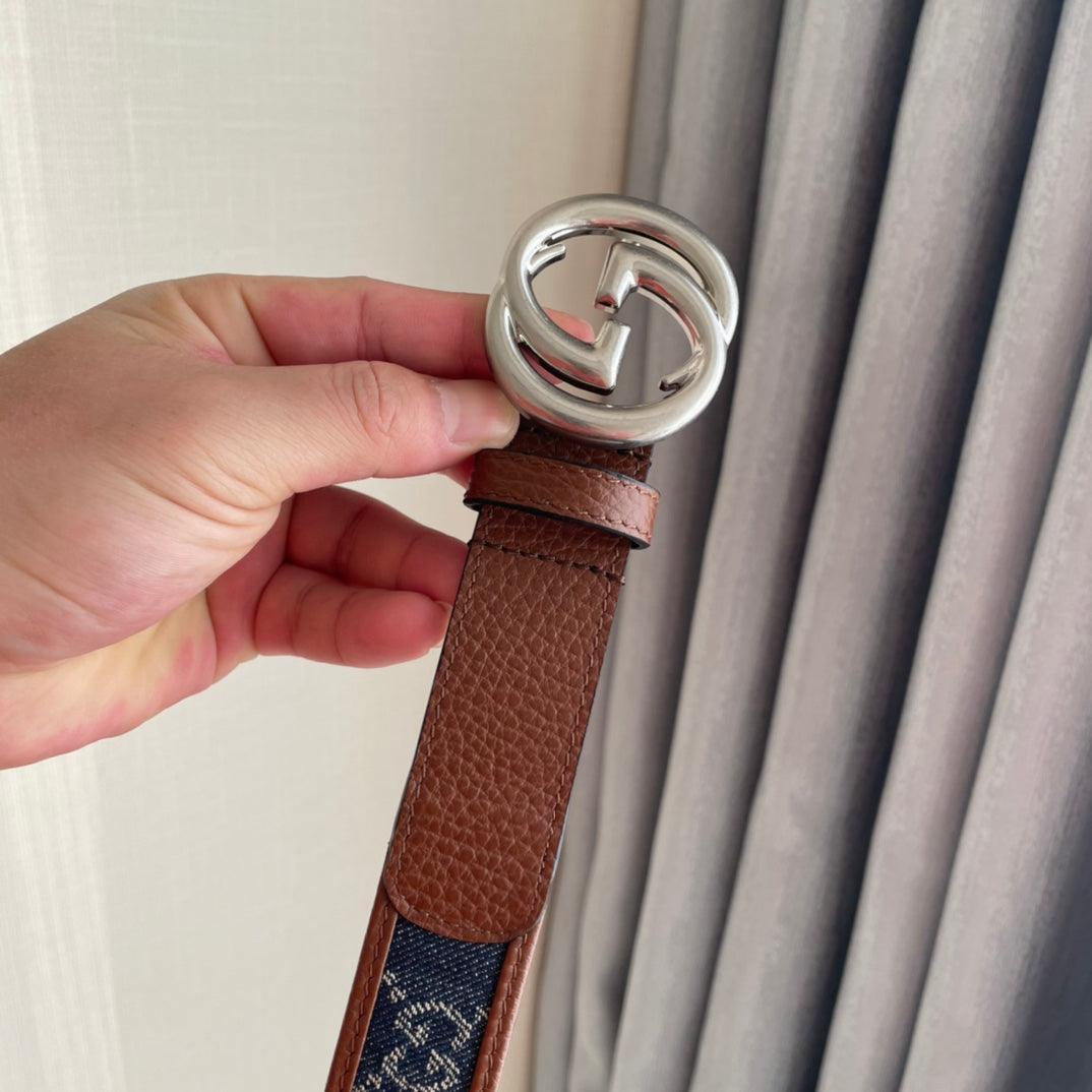 GUCCI Embellished coated-canvas and leather belt 'Brown/Blue' Banlieue91