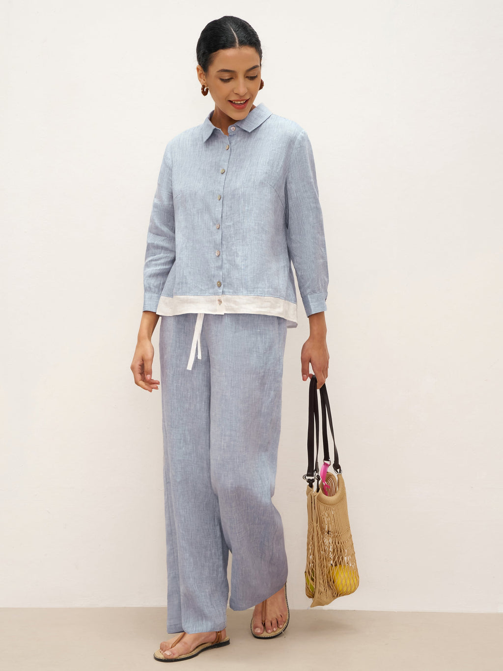 100% Linen Buttoned Closure Color-Blocked Shirt JANICE LINTICO