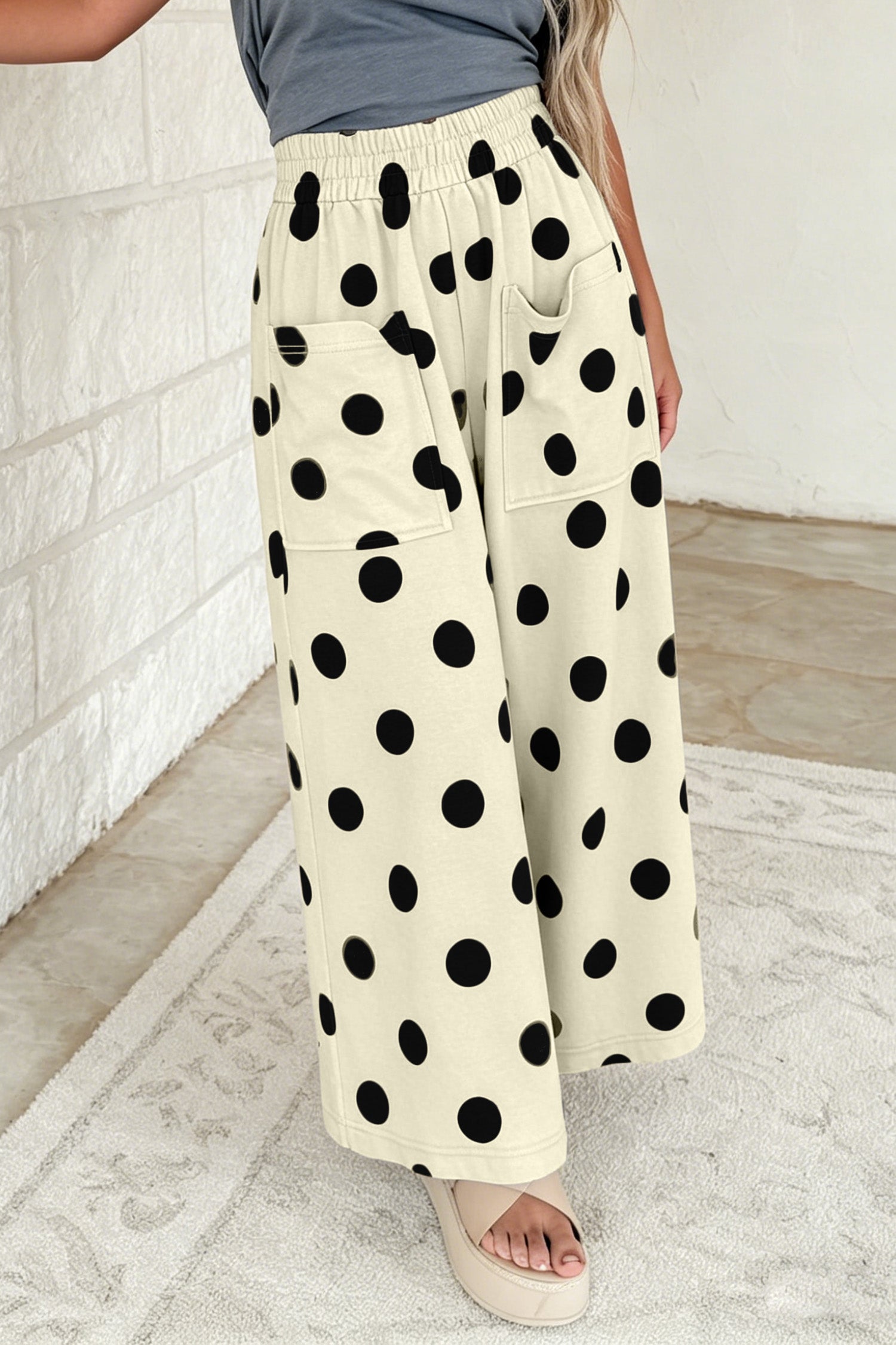 Sky Blue Polka Dot Wide Leg Elastic Waist Casual Pants