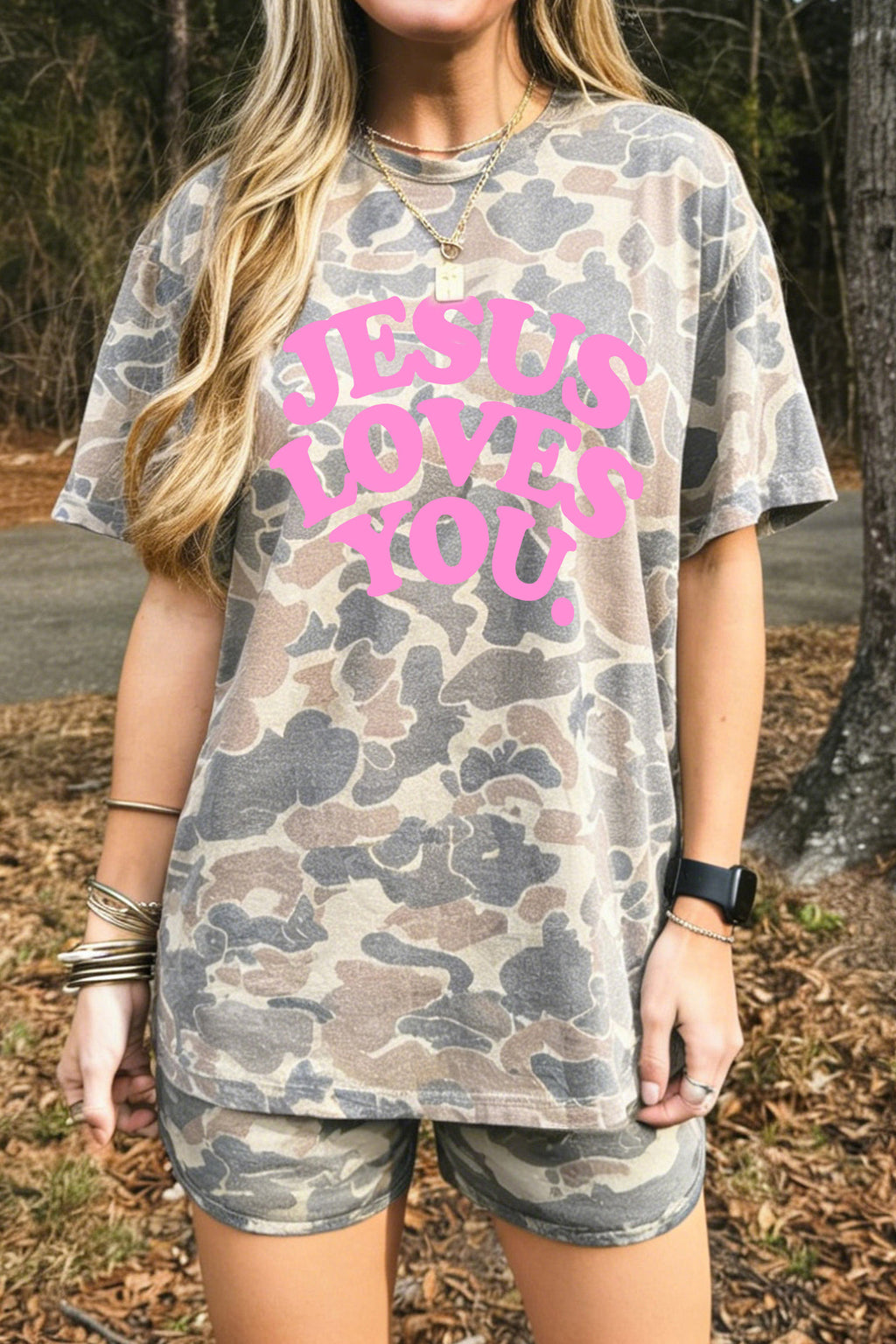 Multicolour JESUS LOVES YOU Camouflage Print Shot Two Piece Set