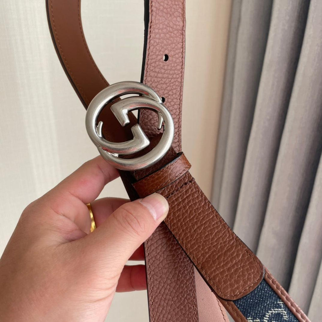 GUCCI Embellished coated-canvas and leather belt 'Brown/Blue' Banlieue91