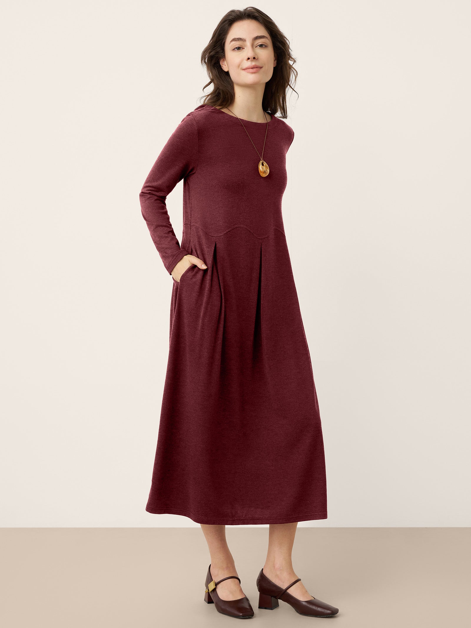 Wool Arc-Panel Sculpted Pleats Midi Dress CALISTA LINTICO