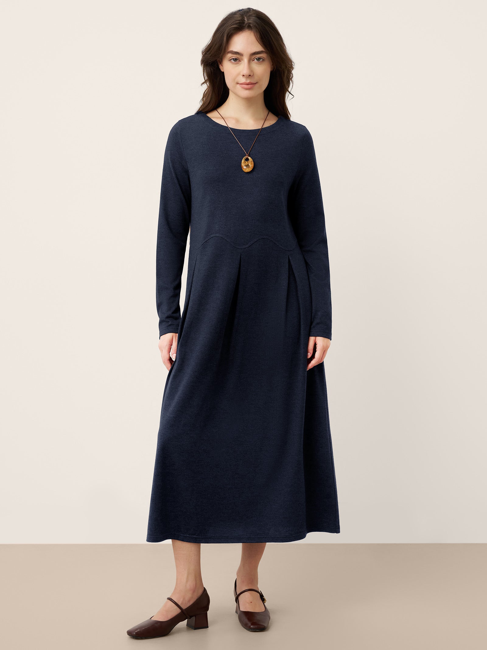 Wool Arc-Panel Sculpted Pleats Midi Dress CALISTA LINTICO