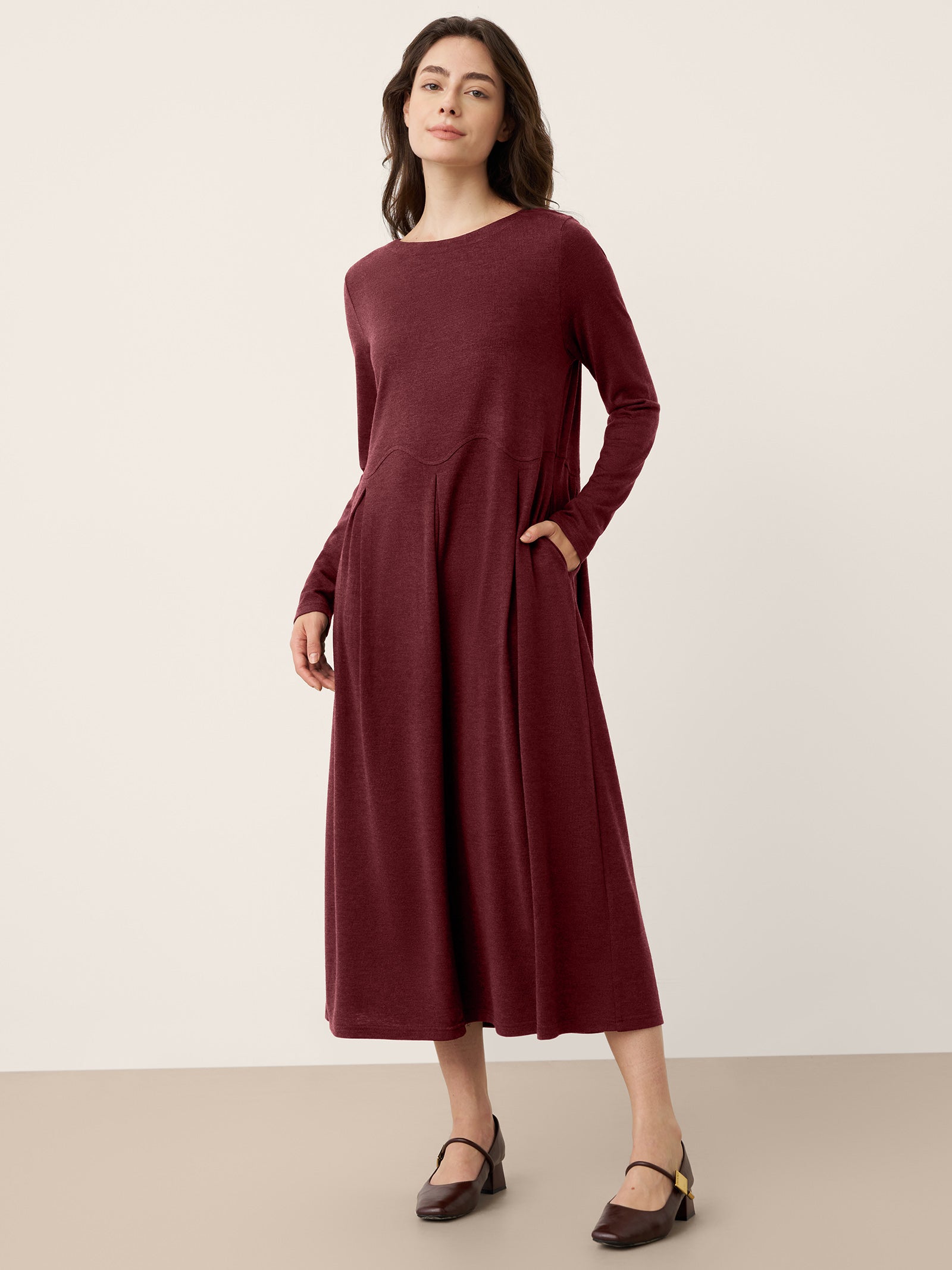 Wool Arc-Panel Sculpted Pleats Midi Dress CALISTA LINTICO