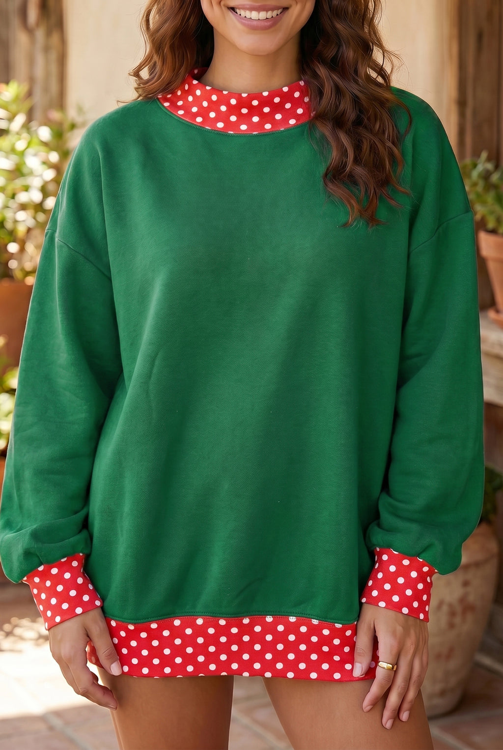 Brown Colorblock Polka Dot Contrast Trim Oversized Sweatshirt Shewin