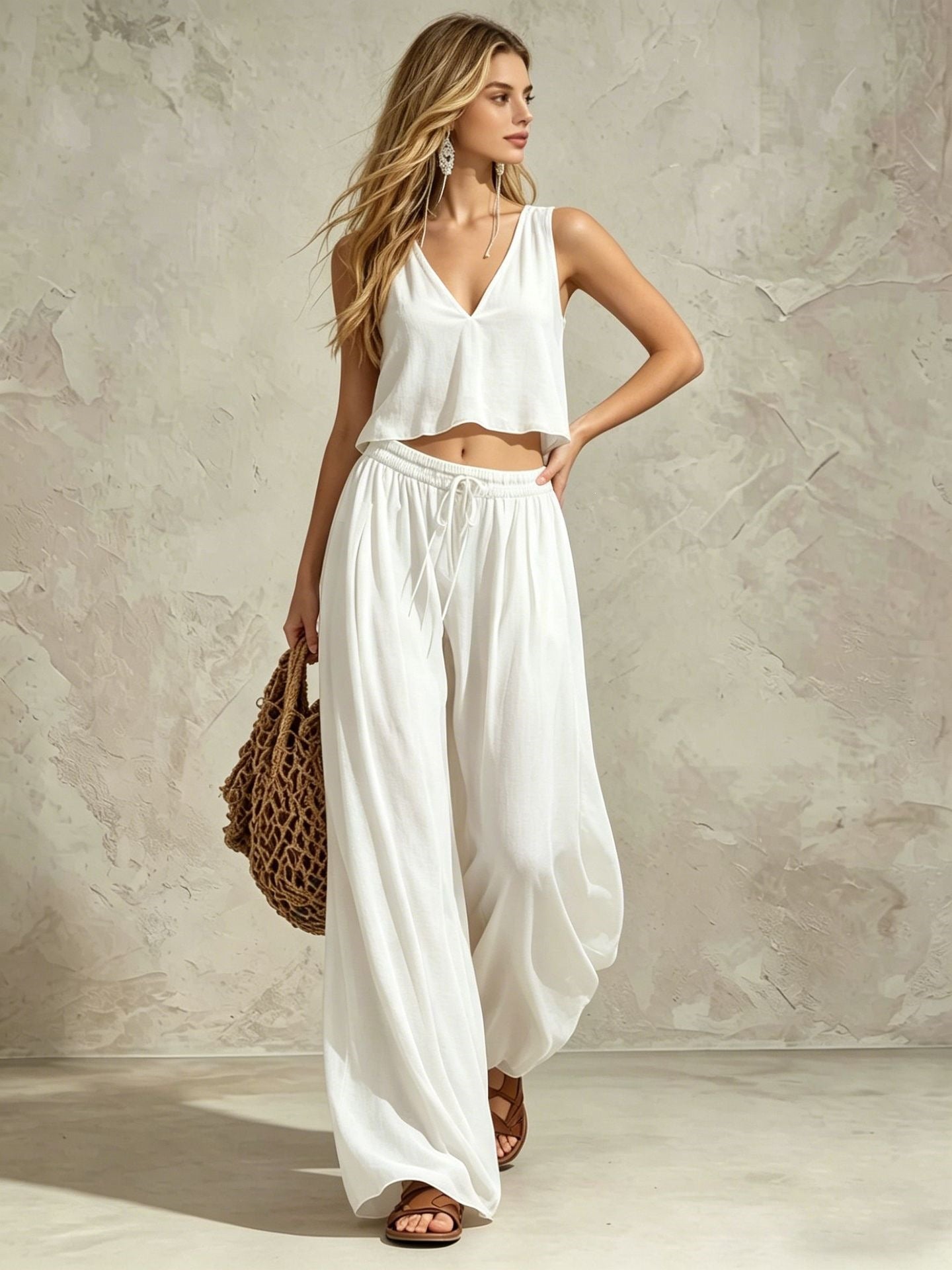 Women's V-Neck Sleeveless Camisole Top & Wide Leg Pants Set FitiqueFit