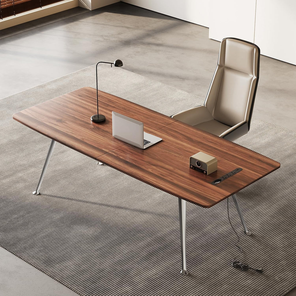 60 Inch Writing Computer Desk With Chrome Legs And Built In Power Outlet