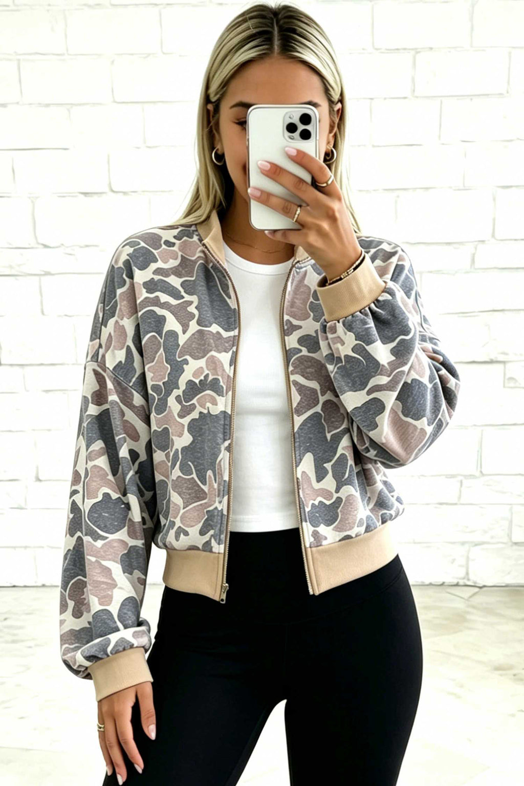 Multicolour Camouflage Print Color Block Trim Zip Bomber Jacket