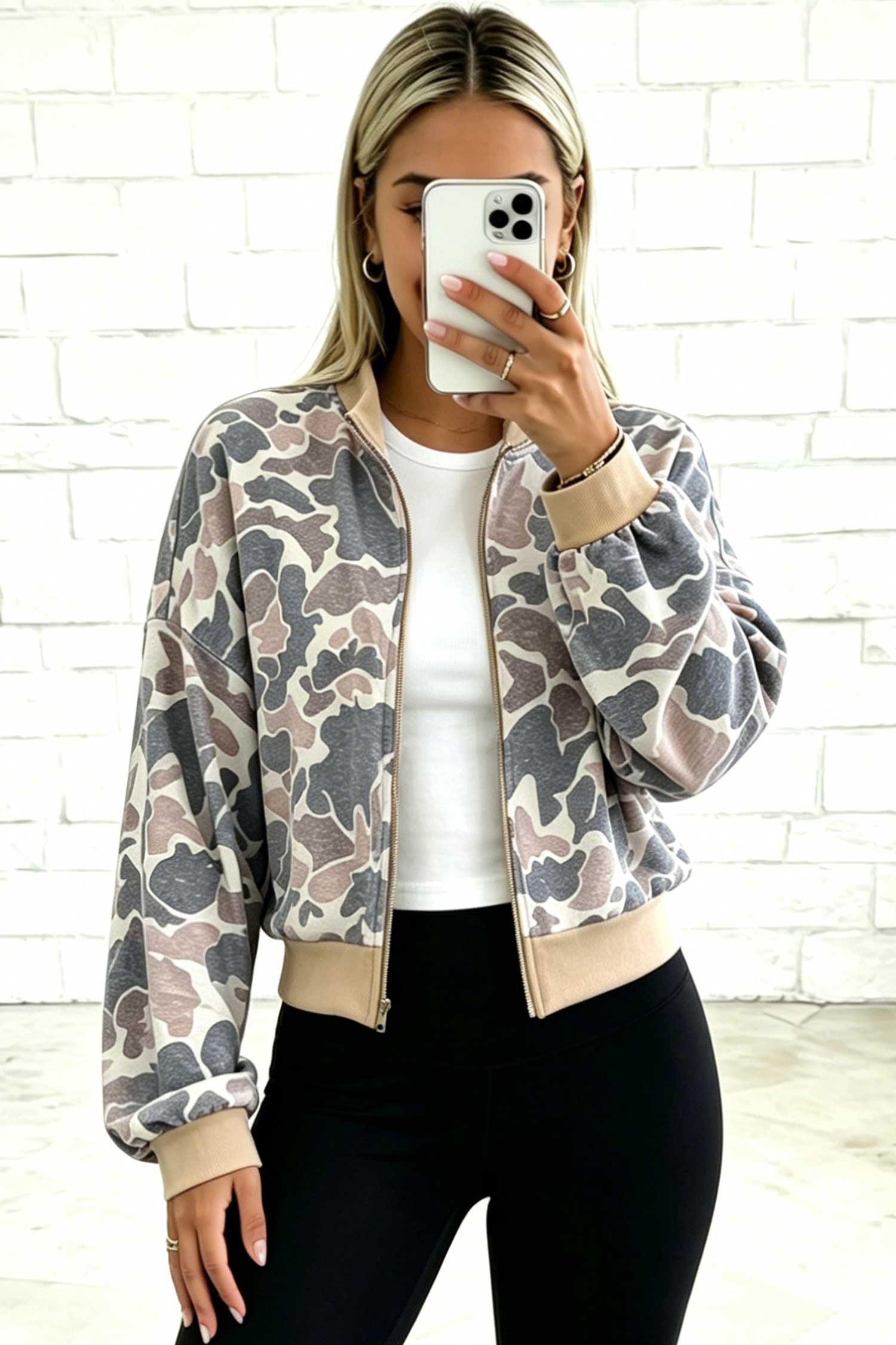 Multicolour Camouflage Print Color Block Trim Zip Bomber Jacket