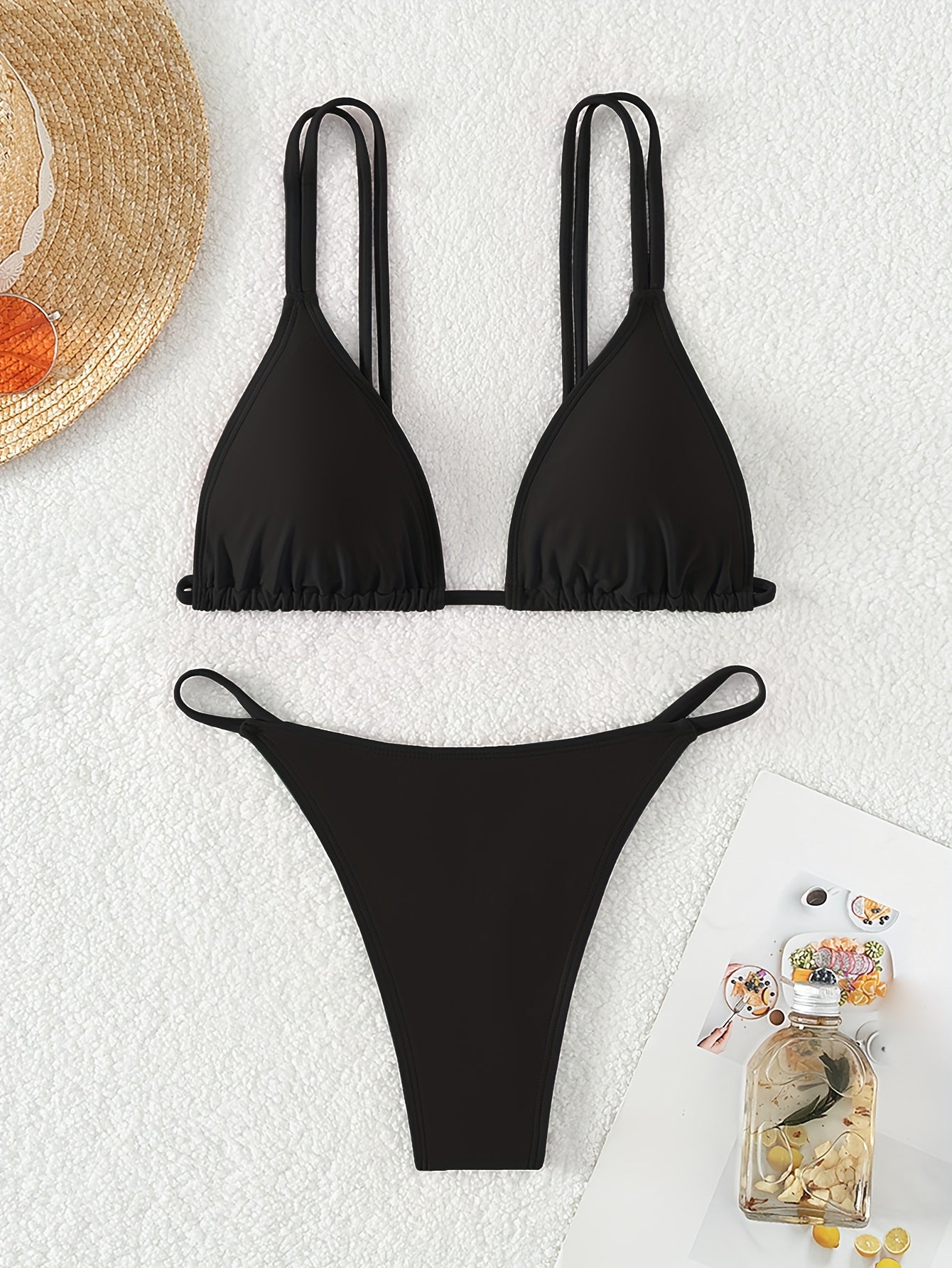 Bikini Solid Color Triangle V Neck 2 Piece Bikini Set for Women – Stretchy Double Strap Tie Back V String Swimwear with Lace Up Detail – Flattering Beach Vacation Swimsuit for Confident Summer Style and Poolside Fashion Stevvex