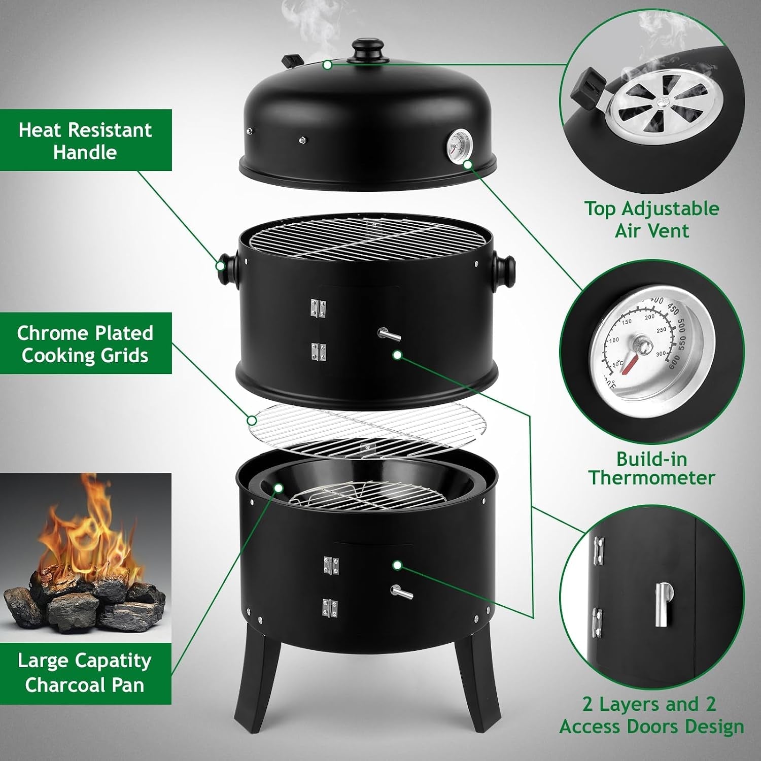 Vertical 17In Charcoal BBQ Smoker With Thermometer
