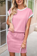 Pink Contrast Trim Textured Crewneck Top and Pocketed Skirt Set