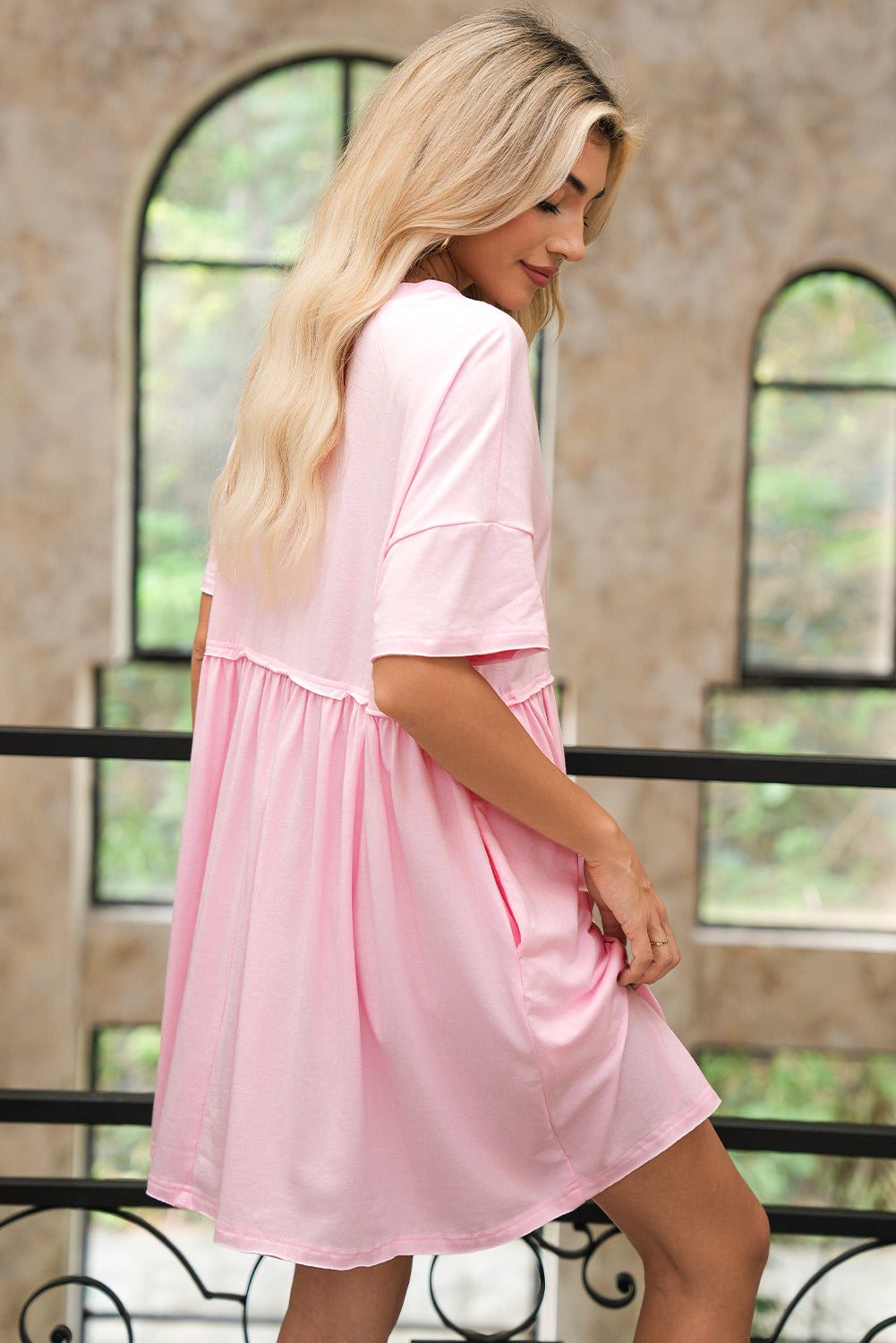 Moonlight Jade Solid Color Pocket Raw Edge Babydoll Dress