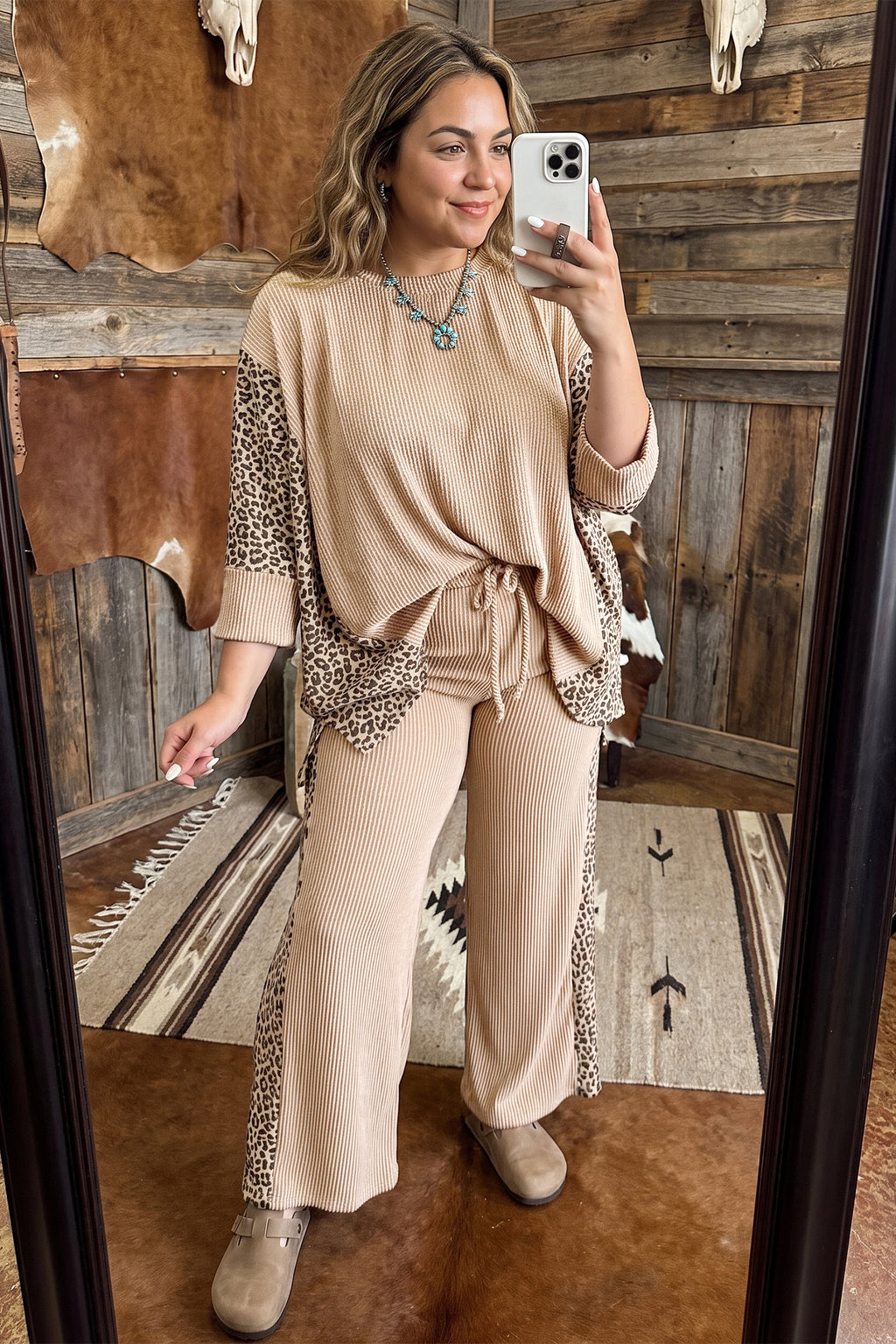 Light French Beige Leopard Print Ribbed Twist Long Sleeve Top Pants Plus Size Set