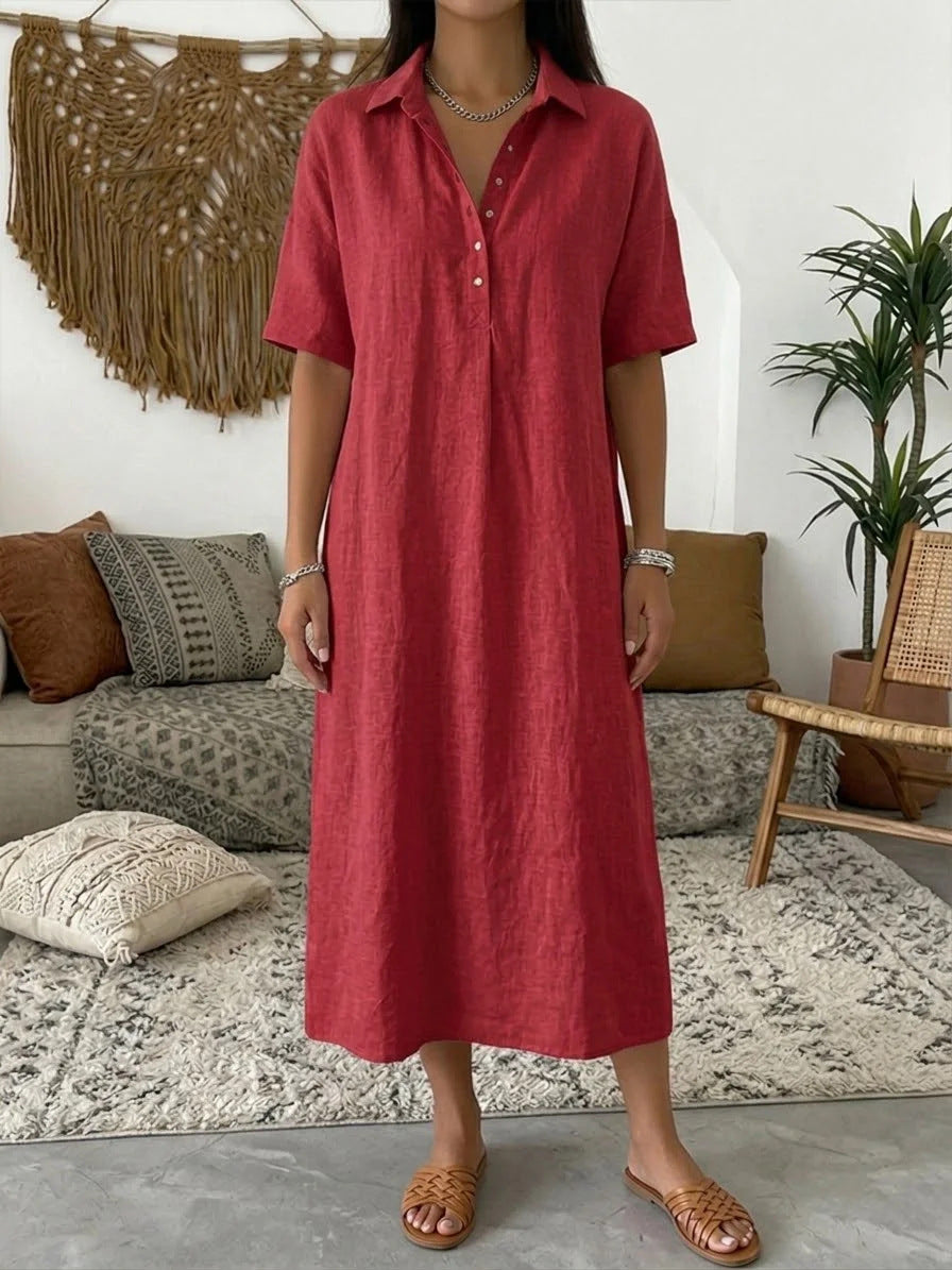 Women's Linen Blend Short Sleeve Polo Neck Maxi Dress FitiqueFit