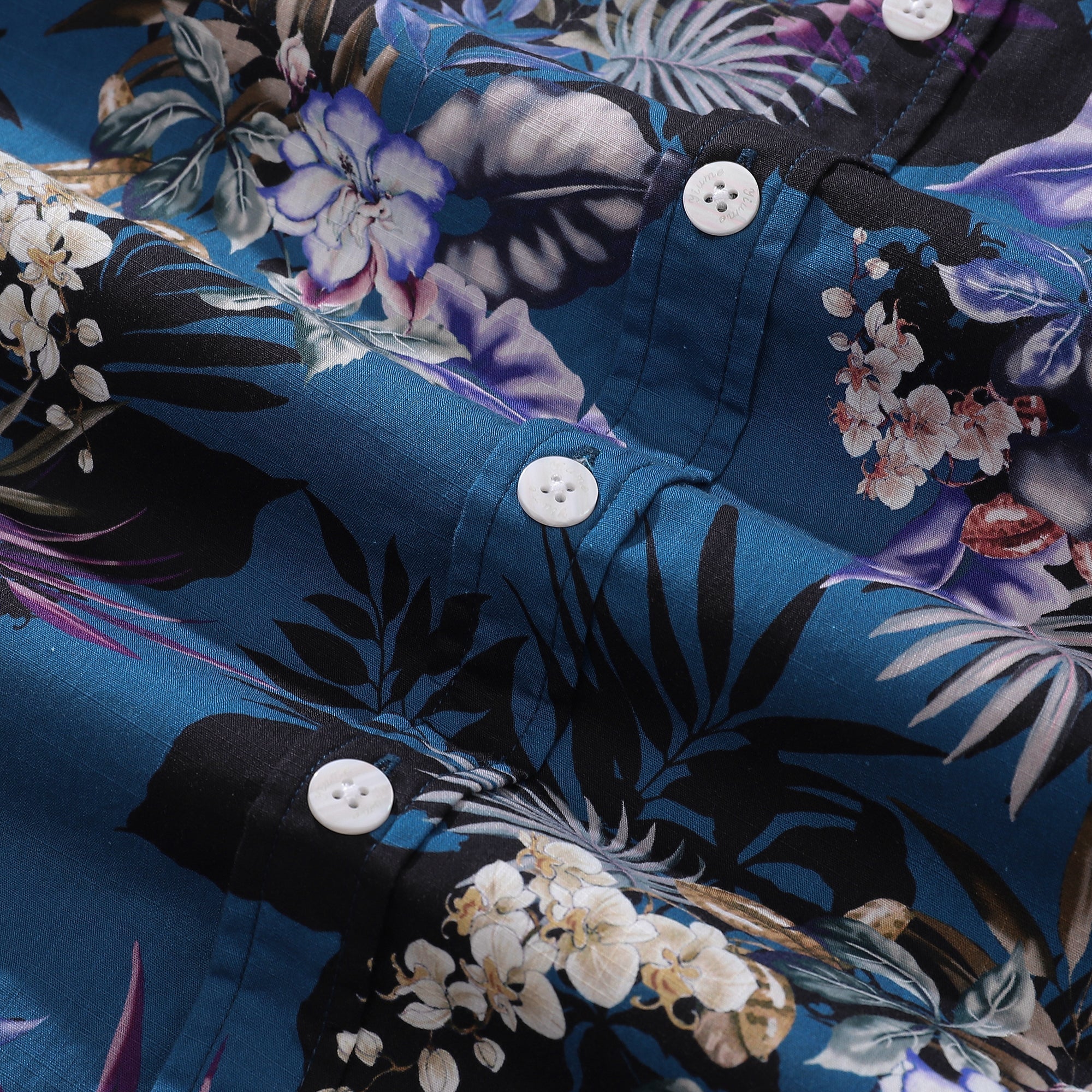 Dark Blue Hand Painted Orchid Floral Print 100% Cotton Button-down Shirt By Amy