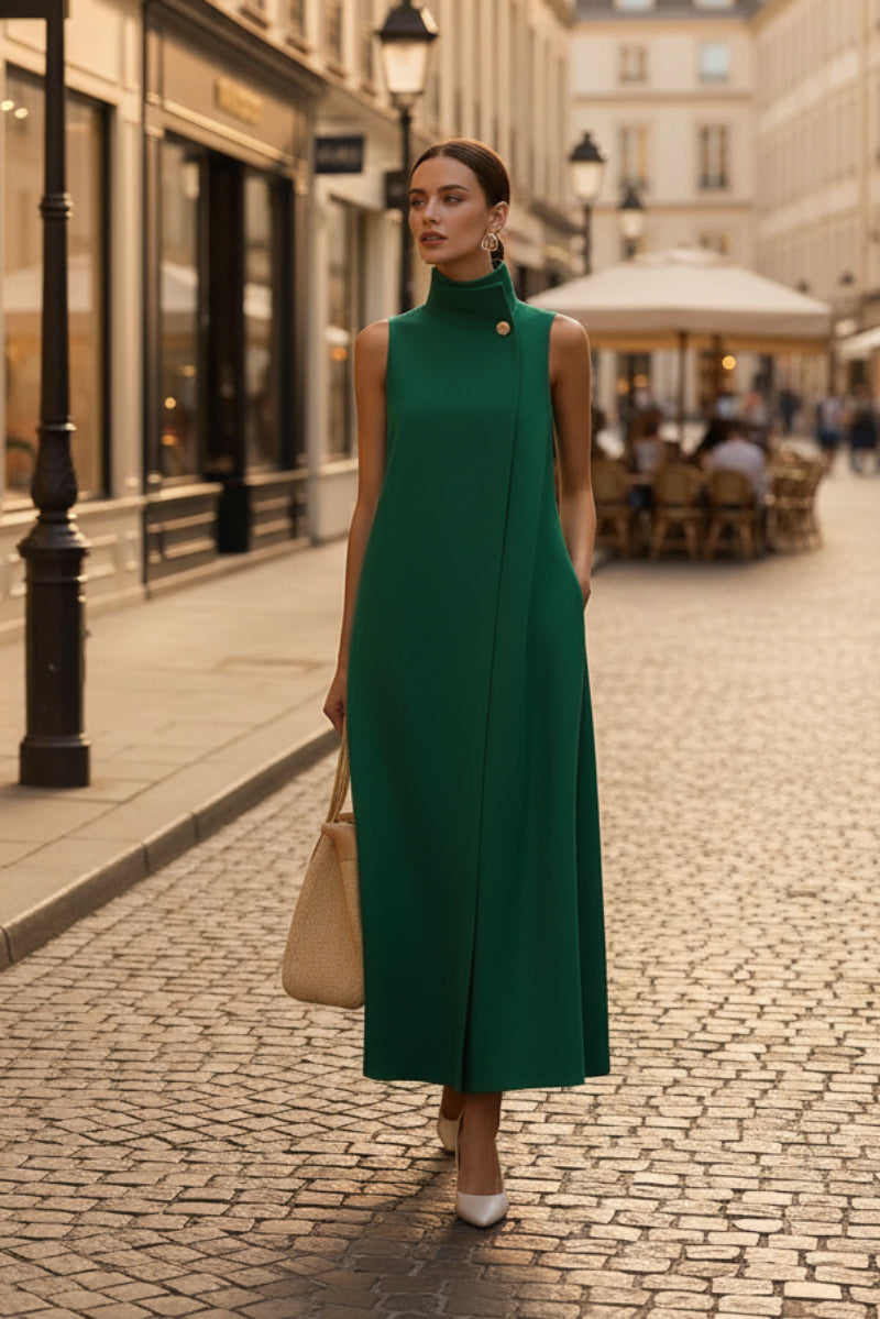 Elegant Sleeveless Long Dress – Stand Collar Office & Casual Dress FitiqueFit