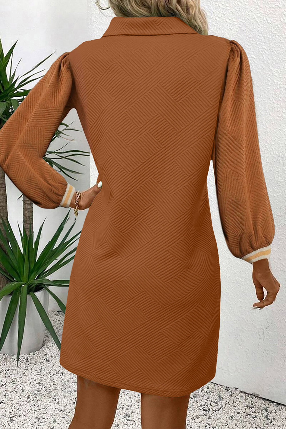Chestnut Textured Contrast Striped Split Neck Long Sleeve Mini Dress