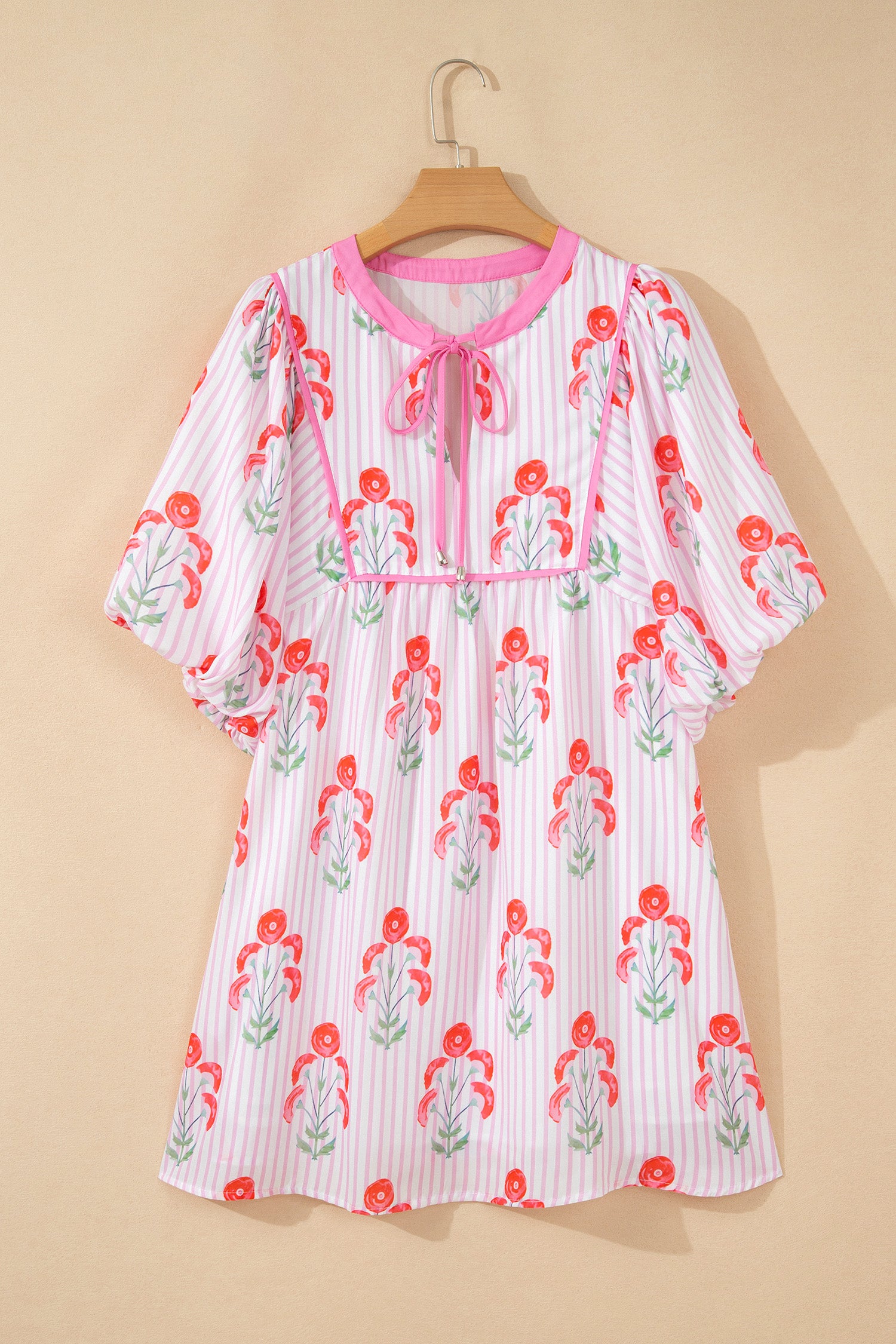 Sky Blue Floral Striped Print Tie Notched Neck Puff Sleeve Flared Mini Dress