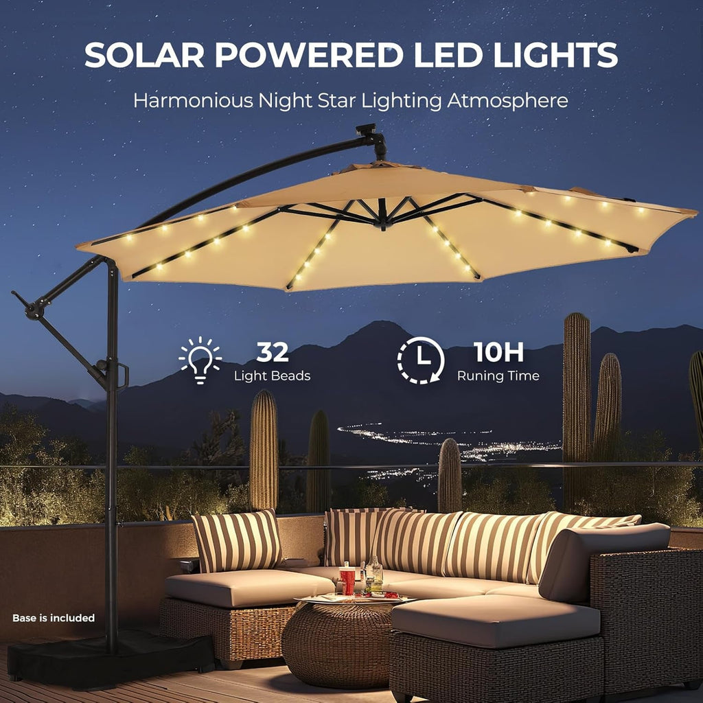 Ten Foot Solar LED Cantilevered Patio Umbrella Beige