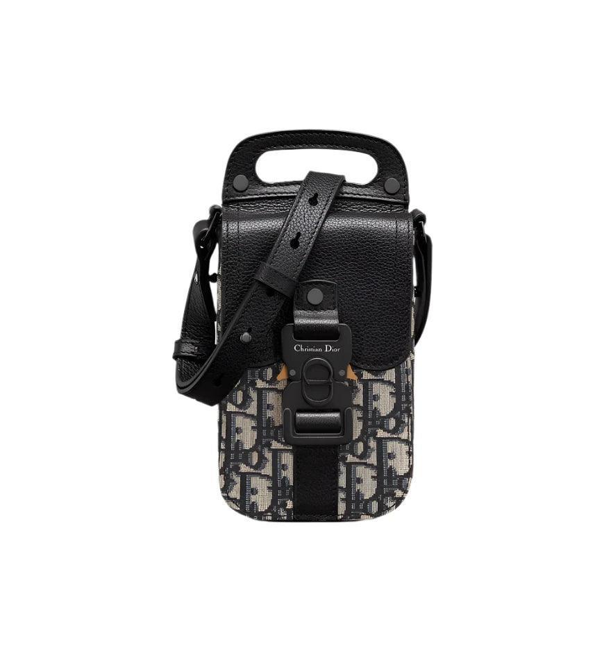 Saddle Vertical Pouch with Strap Beige and Black Dior Oblique Jacquard with Black Grained Calfskin Banlieue91