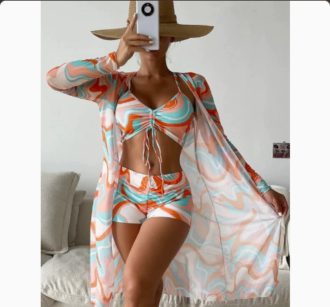 Mesh Cover-Up Three-Piece Swimwear Set – Bikini with Leg-Length Briefs FitiqueFit