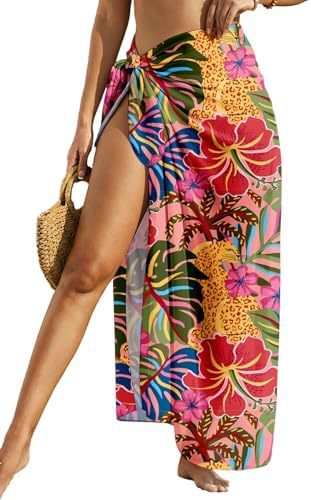 Sheer Chiffon High-Slit Swim Cover-Up Dress – Floral Print, One Size FitiqueFit