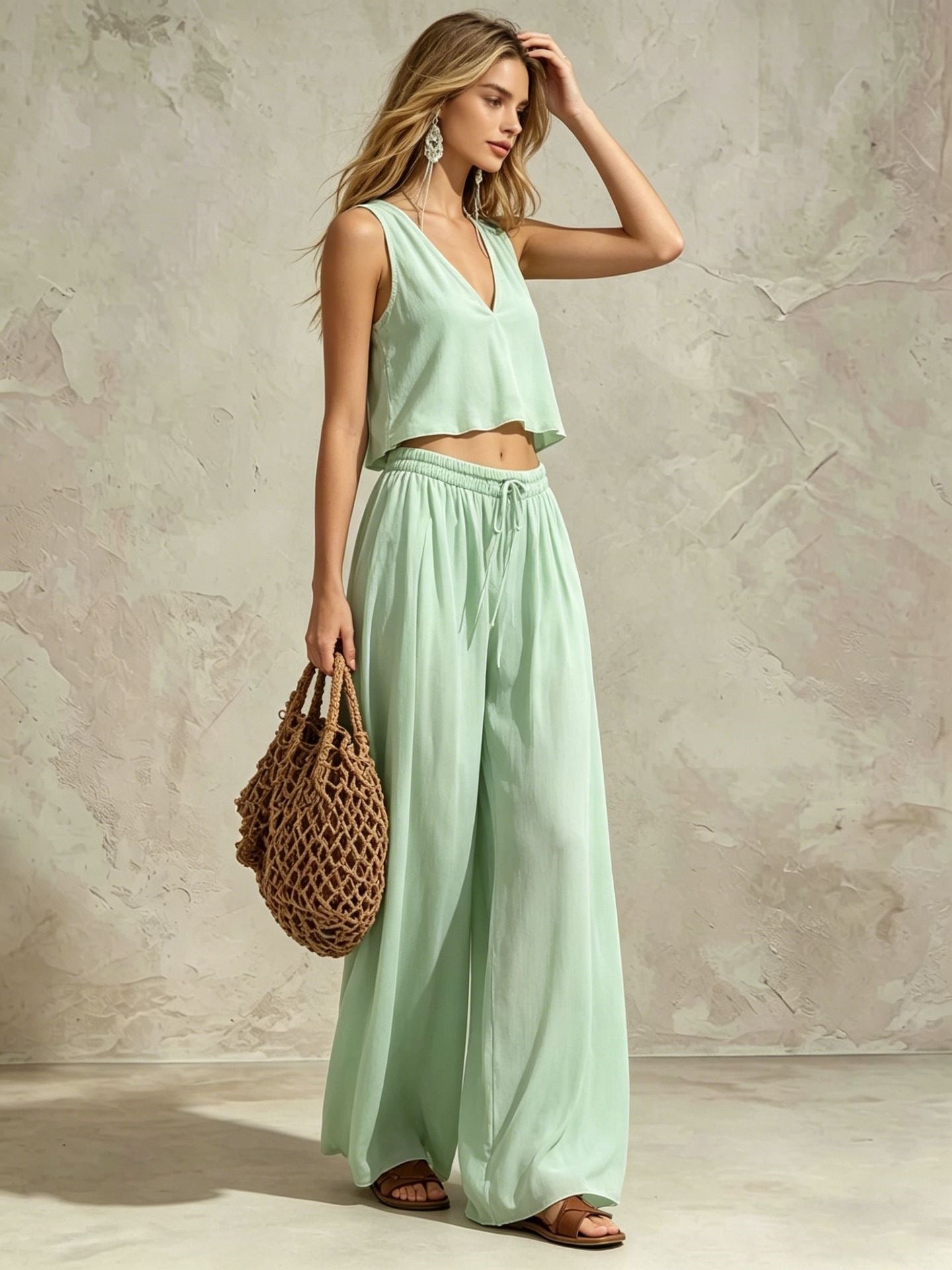 Women's V-Neck Sleeveless Camisole Top & Wide Leg Pants Set FitiqueFit