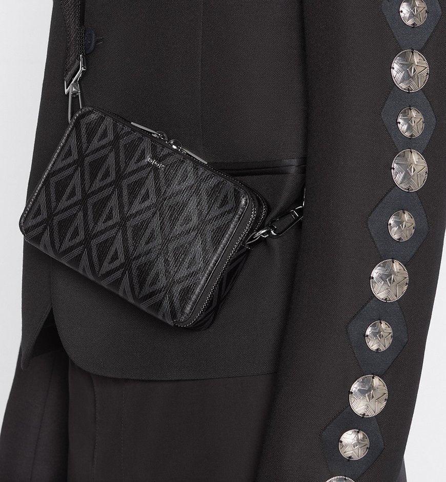 Christian Dior Zipped Pouch with Strap Black Coated Cotton Canvas with CD Diamond Print Banlieue91
