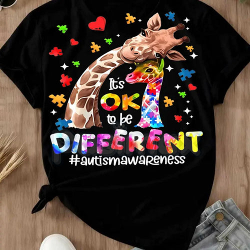 "Different is Beautiful" Artistic Giraffe T-Shirt – Autism Awareness Hearts & Puzzle Print, Premium 100% Cotton Neurodiversity Top, Soft Lived-In Heavyweight Women's Advocacy Wear, Made in USA Pasimax