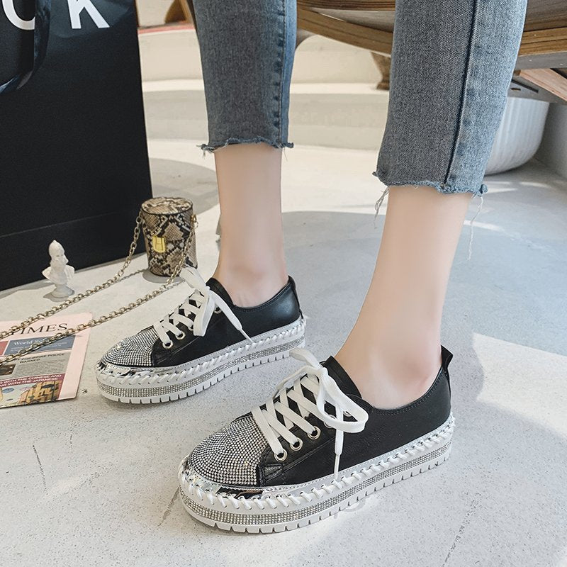 Womens Leopard Sneakers Women Canvas Shoes Leisure Lace-Up Sneakers Rhinestone Shiny Flat Charming Shoes Platform Leisure Low Sneakers Stevvex