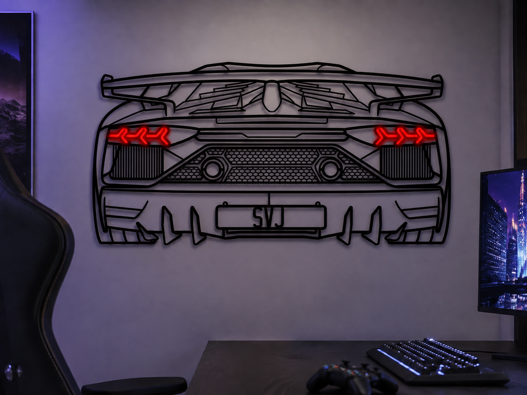 Aventador SVJ Back View Metal Neon Car Wall Art - MTN0262 Modello Turbo
