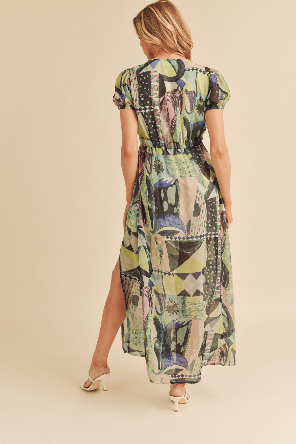 Lace Detail Slit Geometric Print Short Sleeve Maxi Comfortable Dress For Women, Elegant Lace, Alluring Slit, Sophisticated Geometric Print for Casual & Dressy Occasions