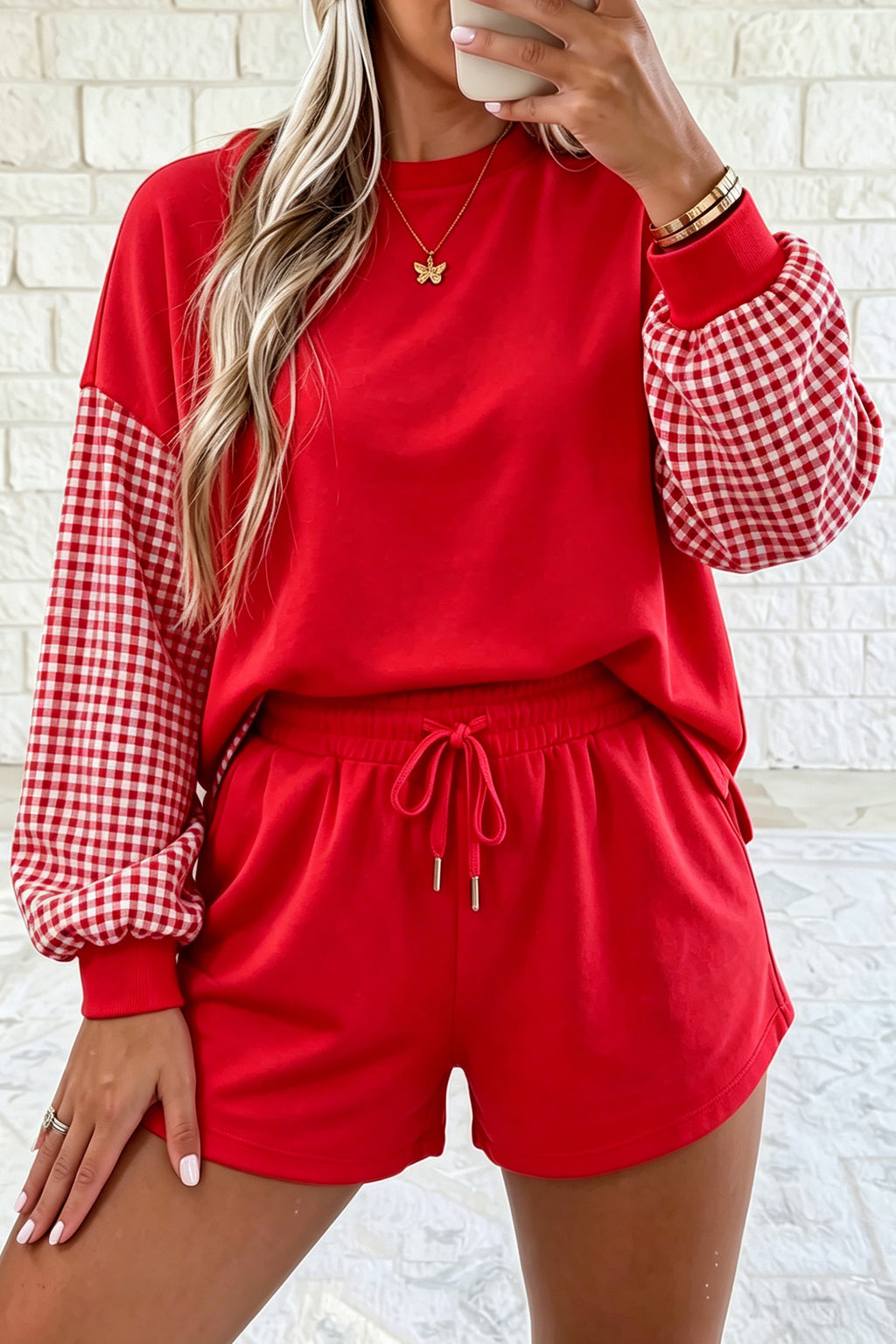 Red Plaid Patchwork Long Sleeve Top Solid Drawstring Shorts Set