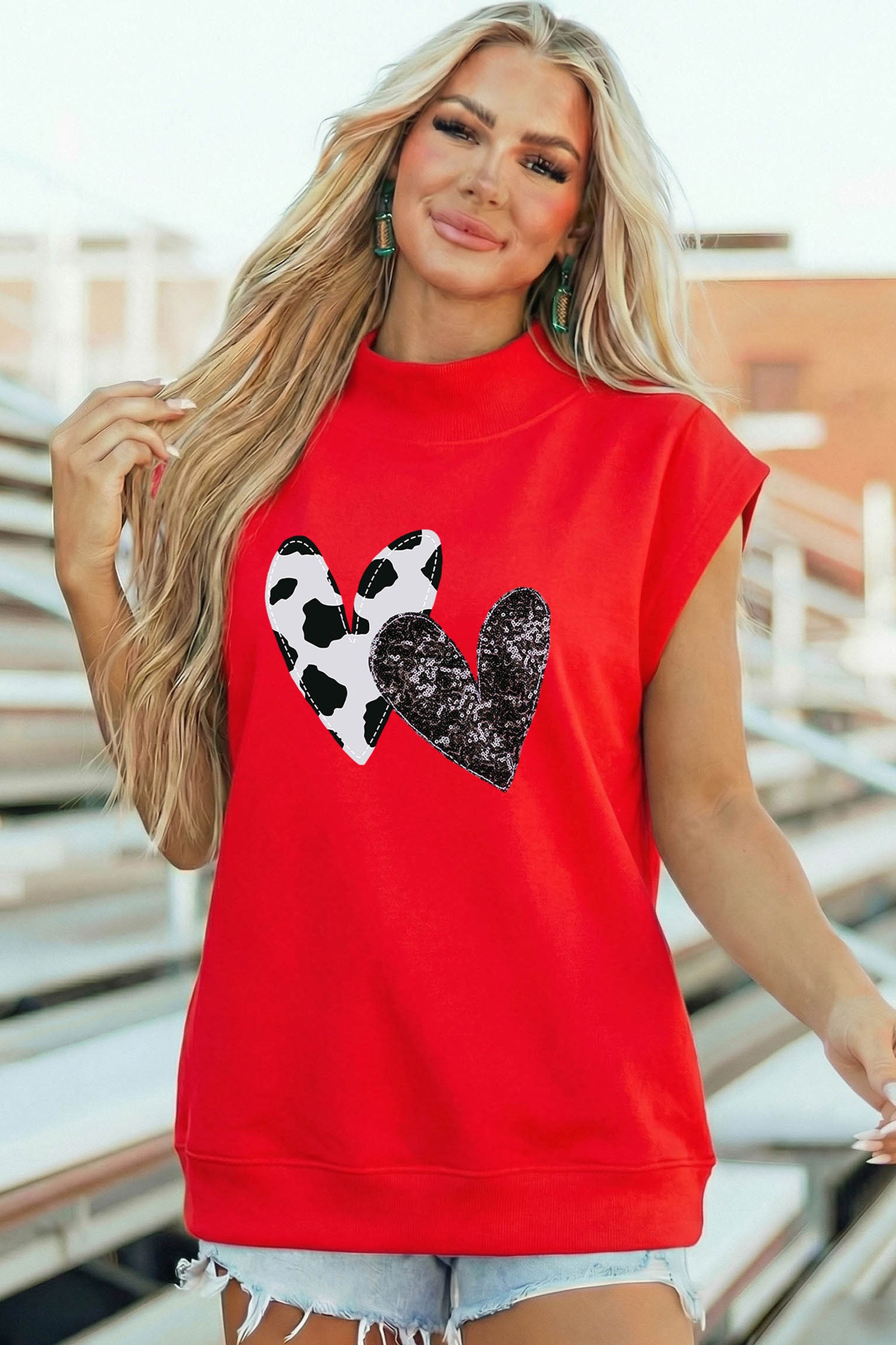 Racing Red Sequin Cow Pattern Hearts High Neck Cap Sleeve Top