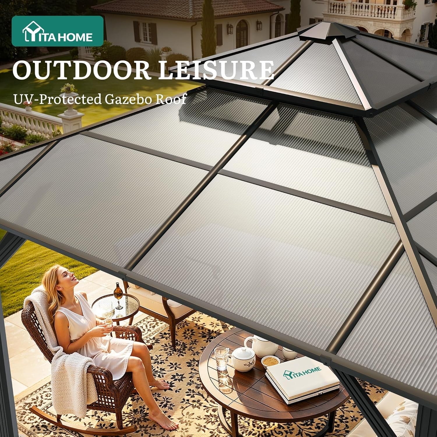 10x10Ft Gazebo With Polycarbonate Roof Netting And Curtains