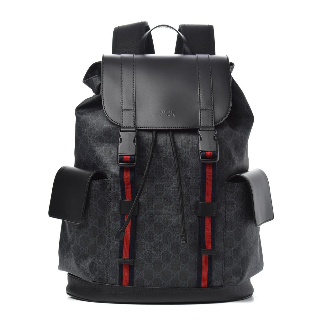 Gucci Soft GG Supreme Monogram Appia Calfskin Web Double Buckle Backpack Black Banlieue91