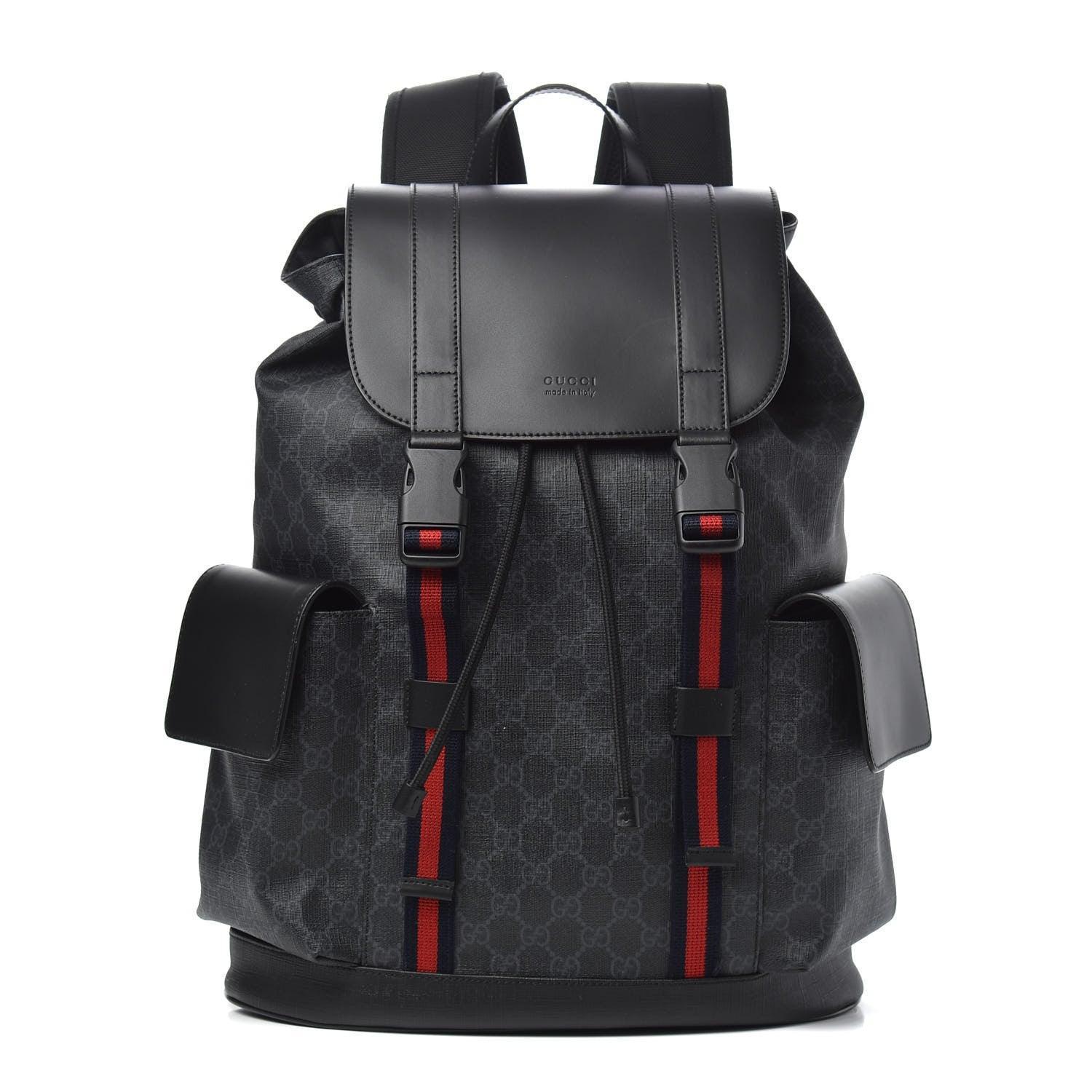 Gucci Soft GG Supreme Monogram Appia Calfskin Web Double Buckle Backpack Black Banlieue91