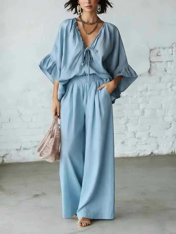 Women's Loose-Fit V-Neck Top & Wide-Leg Pants Two-Piece Set FitiqueFit