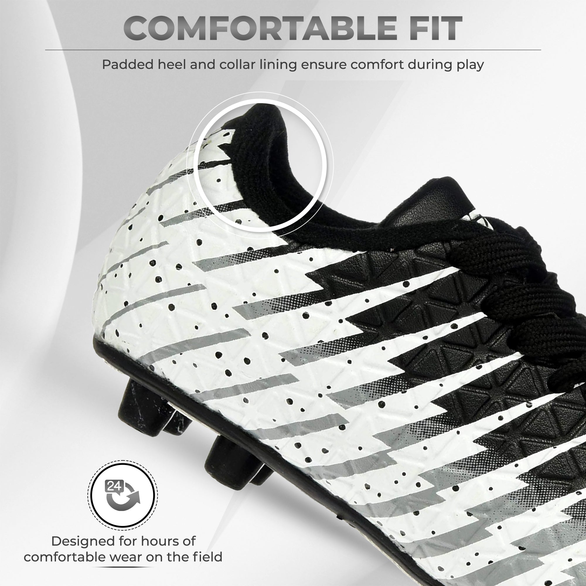 Kids Firm Ground Soccer Cleats – Black/White/Silver