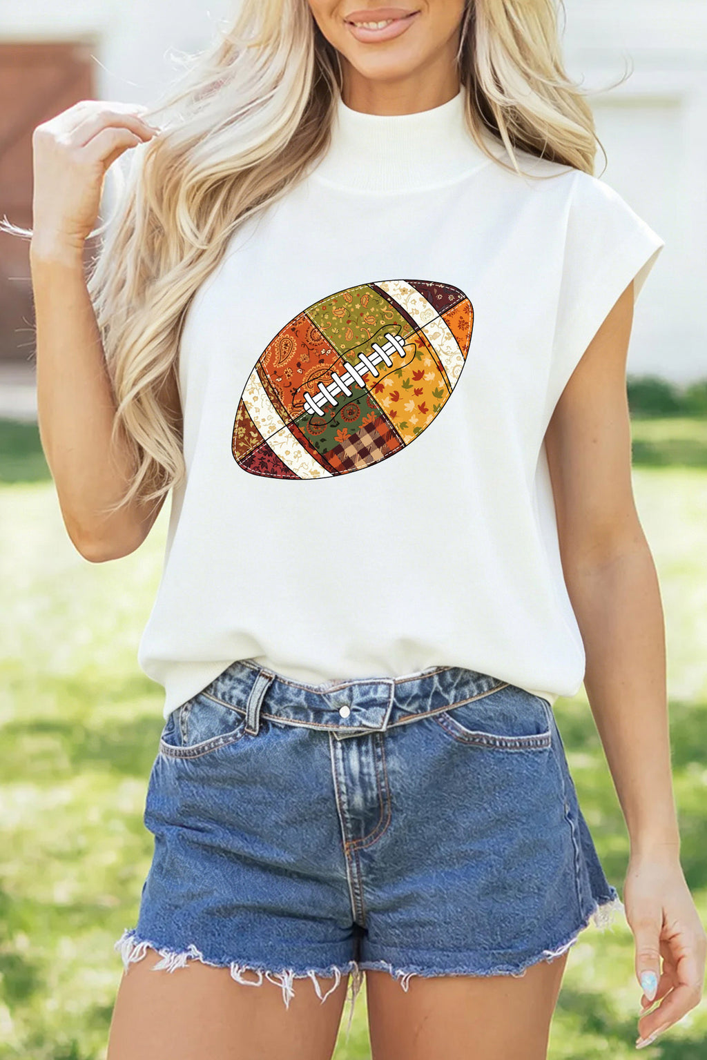 White Patchwork Rugby Print High Neck Cap Sleeve Game Day Top