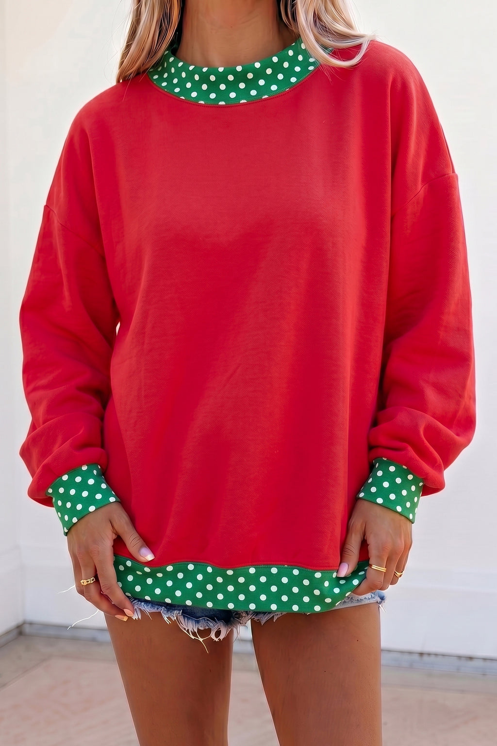 Brown Colorblock Polka Dot Contrast Trim Oversized Sweatshirt