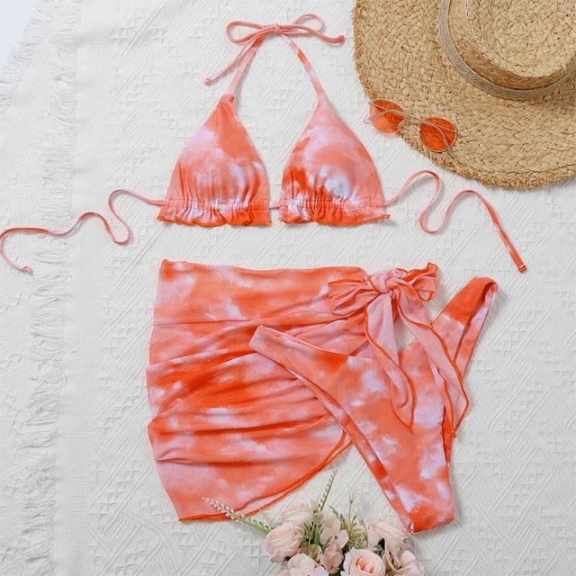 3 Piece Women Bikini Modern Swimsuit Women High Cut  Suit Halter Swimwear Women's Bikini Swimsuits With Wrap Skirt Lace Up Pieces Strings High Cut Bikini Set Bathing Suits Female Triangle Backless Bathing Suit Stevvex