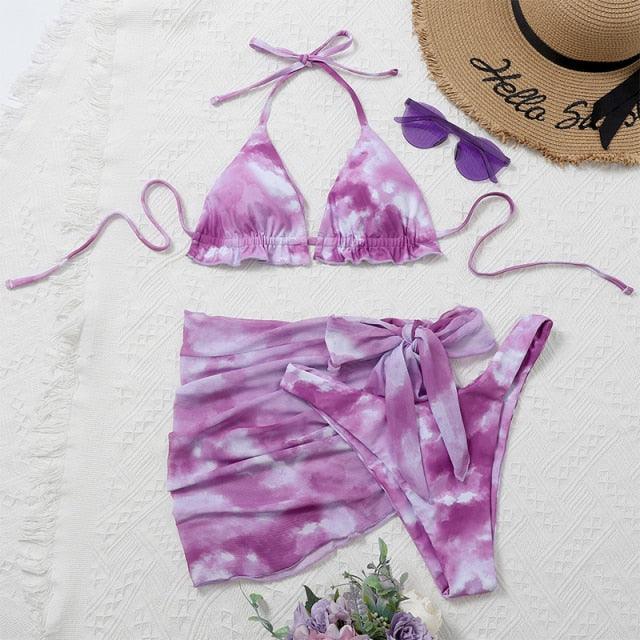 3 Piece Women Bikini Modern Swimsuit Women High Cut  Suit Halter Swimwear Women's Bikini Swimsuits With Wrap Skirt Lace Up Pieces Strings High Cut Bikini Set Bathing Suits Female Triangle Backless Bathing Suit Stevvex